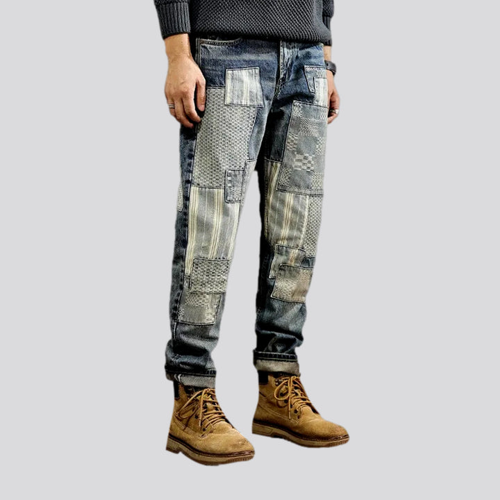 Checkerboard striped loose jeans for men