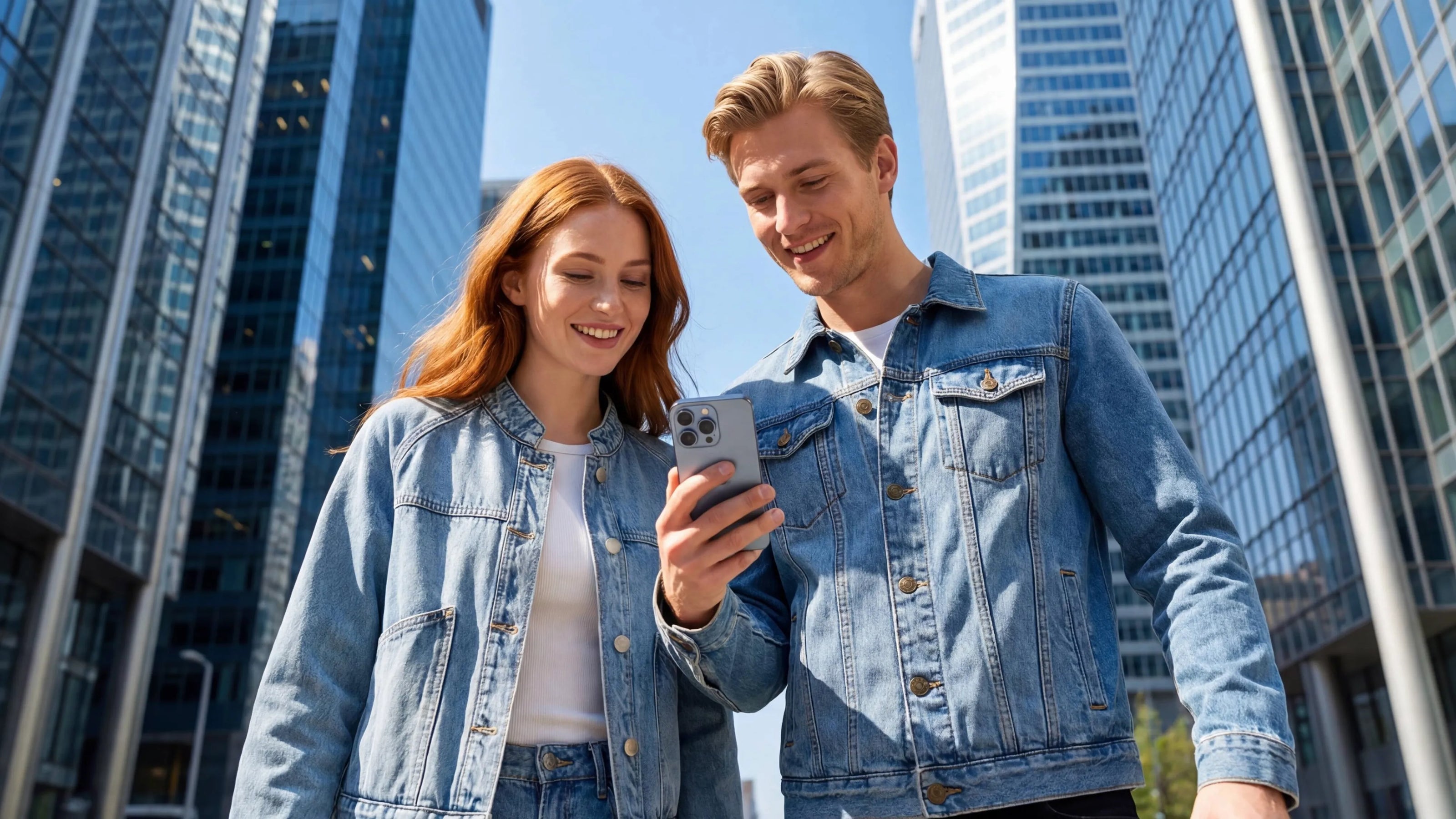 Two people dressed in denim jackets are looking at a phone together in an urban setting.